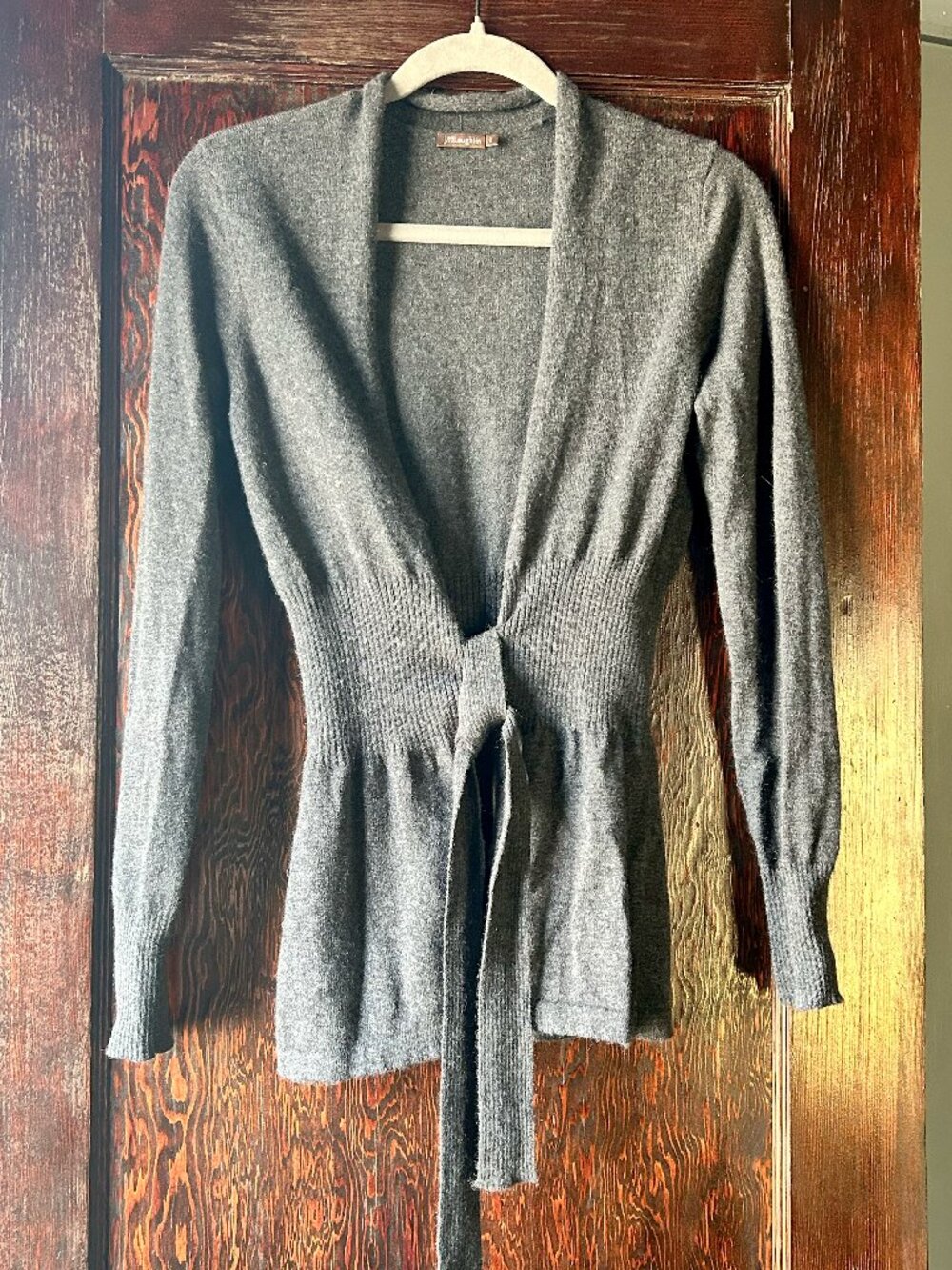 J. McLaughlin 100% Cashmere Grey Tie Front Cardigan Ruched Waist Small